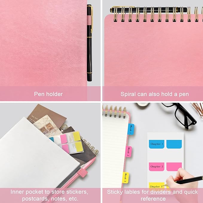 A5 Top Spiral Notebook, Large Leather Hardcover Top Bound Steno Pads, 240 Pages 100 gsm Thick Lined Paper Left Handed Notebook Journal for Work, School, Meeting Writing - Pink, 5.9" x 8.5"