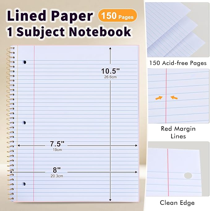 Spiral Notebook College Ruled Paper 8" x 10-1/2", 1 Subject Spiral Notebook 80GSM Paper, 3-Hole Punched Perforated Pages Ideal for School, Office, Writing, 75 Sheets Lined Journaling Notebook, Pink