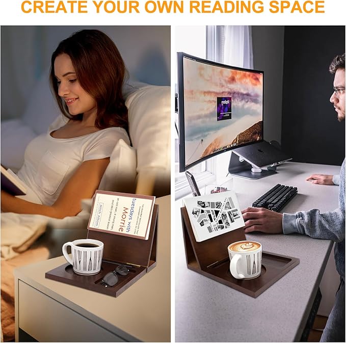 Book Reading Nook Valet with Cup Holder - Wooden Triangle Nightstand Book Stand Holder for Page Rest