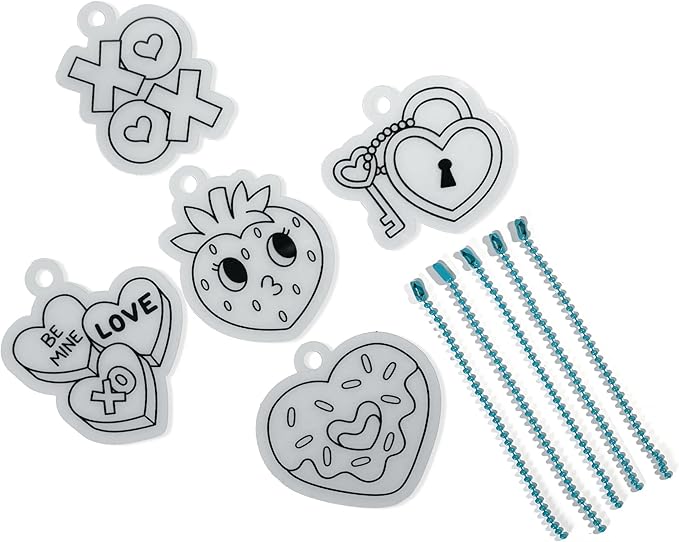 Ooly Mini Shrink-Its DIY Shrink Art Kit – 5 Pre-Cut Shrinking Plastic Charms and 5 Ball Chains, Hugs and Kisses, 10 Pc Set