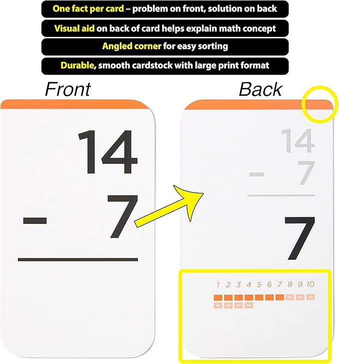 Think Tank Scholar 173 Subtraction Flash Cards Set (Award Winning) All Facts 0-17 Answer on Back, for Kids in Kindergarten, 1ST, 2ND, 3RD, 4TH Grade Class or Homeschool - Learn Math Manipulatives