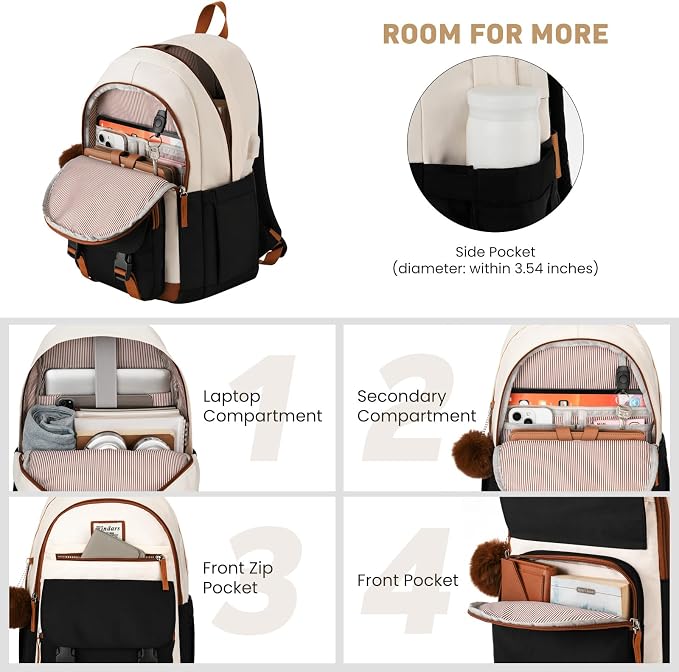 WINDARS School Backpack for Teen Girls, Cute College Backpacks for Women Students Aesthetic Bookbag Large 15.6 Inch Laptop Bag Middle School Travel Back Pack (Beige-Black-Brown)