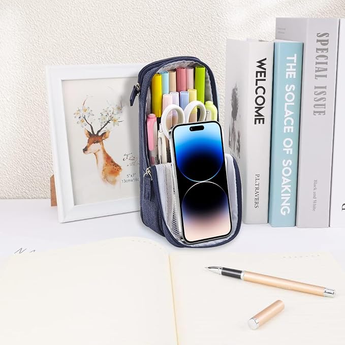 iSuperb Standing Pencil Case 2 Compartments Pencil Pouch Magnetic Mobile Phone Holder Bracket Pen Bag Large Capacity Phone Pouch College Stationery Organizer Storage for Kids Boys Girls