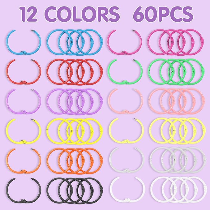 60 Pack Color Binder Rings, 1 1/5 Inch Metal Rings for Index Cards, for Book Rings, Flashcard Rings, Key Rings or Keychains, School, Office, Home Loose Leaf Binder 12 Colors