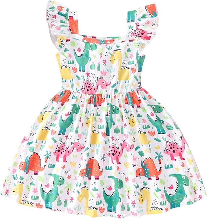 Popshion Girls Dresses Flutter Sleeve Swing Sundress Toddler Summer Clothes Kid Birthday Party Sleeveless Dress 1-8 Years Old