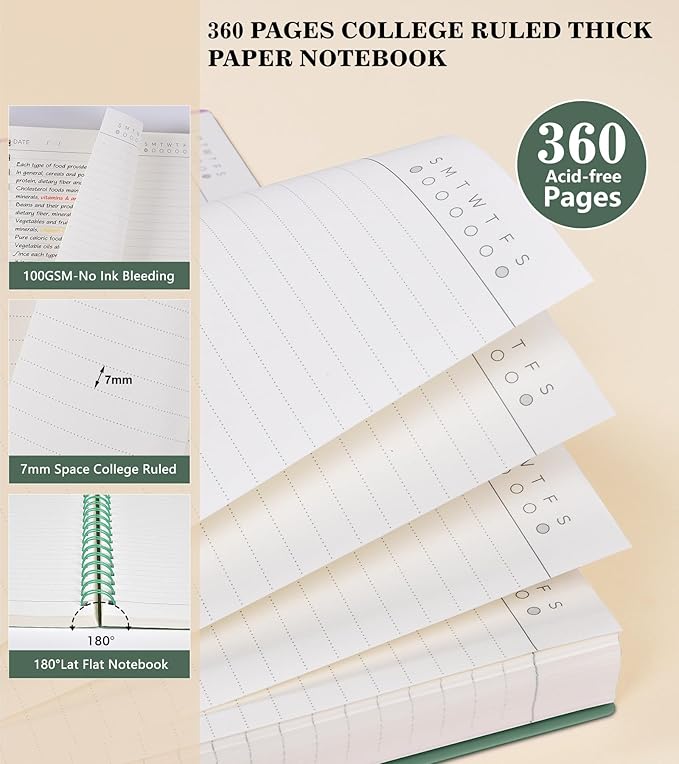 MUAHLIUB Spiral Notebook Journal,360 Pages College Ruled Notebook, Lined Thick Journals for Women Men,A5 Thick Spiral Journal for Writing,100GSM Paper, Spiral Notebooks for Work School 5.5"x8.5" Green