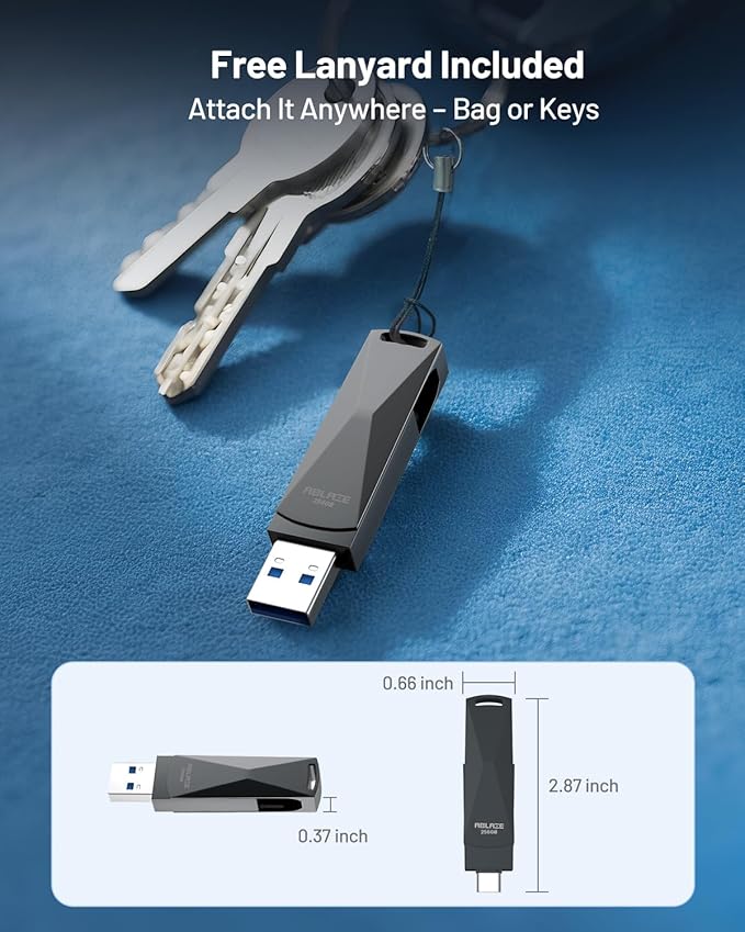 ABLAZE 256GB USB C Flash Drive, Dual USB 3.0+Type C Flash Drive Compatible with iPhone 16/15,Android Smartphone,Computer,Tablet Mac Laptop (Dark Grey)