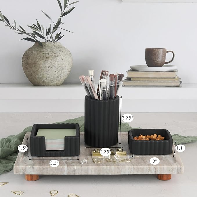 KIBAGA Modern Aesthetic Desk Accessories Set of 3 - Stylish Concrete Organizers for Pens & Office Supplies - A Cute and Functional Addition to Your Workspace Decor