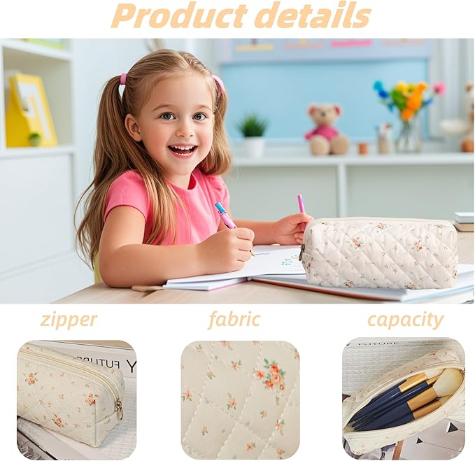 Carry bloom Pencil Pouch Cute Pencil Case for Girls Aesthetic Pencil Bag with Zipper Pen Cases School Supplies Makeup Bag (3 floral beige)