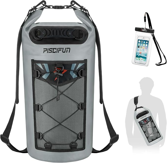 Piscifun Dry Bag, Waterproof Floating Backpack 10L/20L/30L/40L | Waterproof Phone Case, Adjustable shoulder straps, Roll-top closure keeps gear dry, Ideal for Boating, Kayaking, Fishing