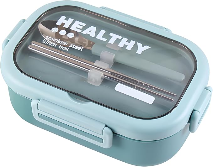 Stainless Steel Lunch Box, 2 Compartment Bento Box for Adults, Easy to Clean, Leak-Proof Design, Food Storage Container with Tableware for Family, Work, Picnics and Travel(800ml, Green)