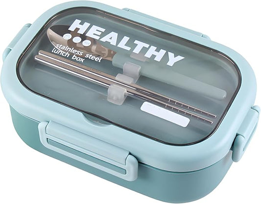 Stainless Steel Lunch Box, 2 Compartment Bento Box for Adults, Easy to Clean, Leak-Proof Design, Food Storage Container with Tableware for Family, Work, Picnics and Travel(800ml, Green)