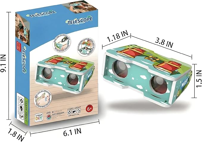 STEM Kids Binoculars - Build Your Own Functional Telescope Kit, Educational Science Toy for Children to Explore Astronomy & Optical Principles with Convex & Concave Lenses