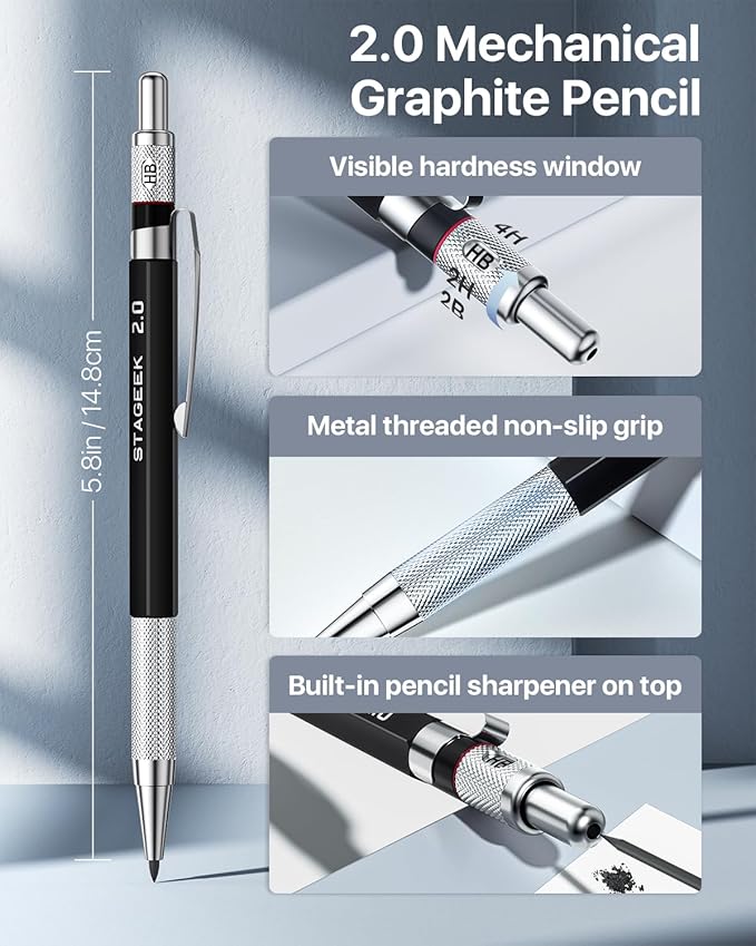 STAGEEK Mechanical Pencil Set with Canvas Bag 30 Count, Drawing Pencils 0.5, 0.7, 0.9MM & 3PCS 2MM Sketching Pencils with 464PCS Lead Refills (6B 4B 2B HB 2H 4H Color) for Artist Drafting Drawing