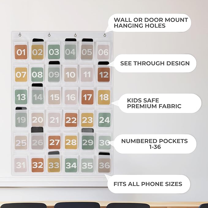 Premium Cell Phone Holder for Classroom - Durable Pocket Chart with 36 Numbered Slots & Hooks - The Perfect Hanging Chart for Phones, Calculators and Headphones Fits Nicely with Any School Decor