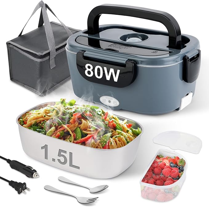 Electric Lunch Box, 80W Heated Lunch Box for Adults, 1.5L Portable Fast Heating Food Warmer for Car/Truck/Work/Travel, 12/24/110V Lonchera Eléctrica Portátil
