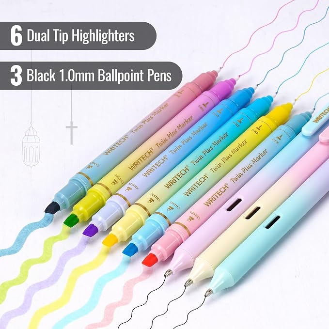 WRITECH Bible Mate Journaling Set: Highlighters & 1.0mm Ballpoint Pens 9ct | No Bleed Bible-Safe Dual Tip Highlighters + Black Pens Pastel Colors Quick Dry Ink Teachers Nurses Office