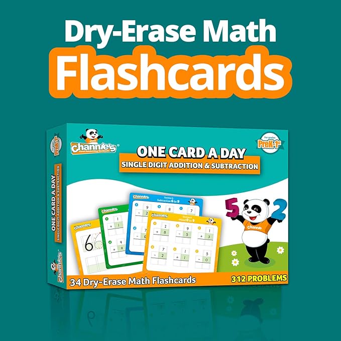 Channie’s One Card a Day Single Digit Addition and Subtraction Flash Cards, 34 Dry Erase Pre K - 1st Grade Math Flashcards for Kids, 312 Problems, Fun & Easy to Follow