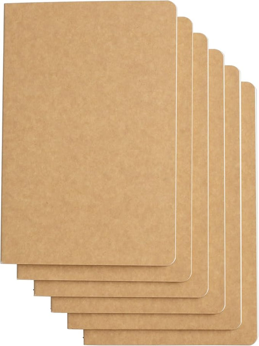 TWONE Travel Journal, 6 Pack Notebook Journal for Travelers Work School Writing Note Taking Kraft Brown Soft Cover A5 Notebooks 5.5” x 8.3”, 60 Blank Pages, 30 Sheets