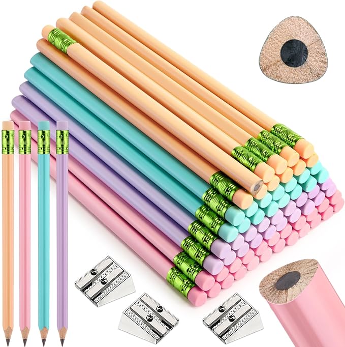 Fainne 102 Pieces Jumbo Pencils Set for Kids Toddlers 96 Thick Fat Large Pencils with Erasers 6 Sharpeners Bulk for Preschool Kindergarten Elementary School Classroom(Macaron Colors,Triangle)
