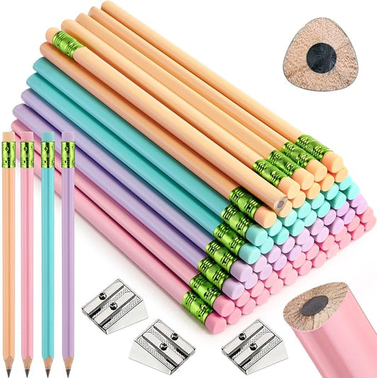 Fainne 102 Pieces Jumbo Pencils Set for Kids Toddlers 96 Thick Fat Large Pencils with Erasers 6 Sharpeners Bulk for Preschool Kindergarten Elementary School Classroom(Macaron Colors,Triangle)