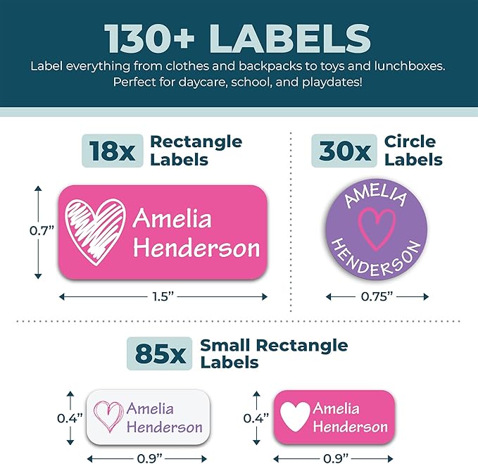 Bunny Badges Personalized Daycare Name Labels for Kids (130 Labels) - Custom Waterproof Name Stickers for Clothing Tags, Water Bottles, Lunch Boxes and School Supplies (Hearts)