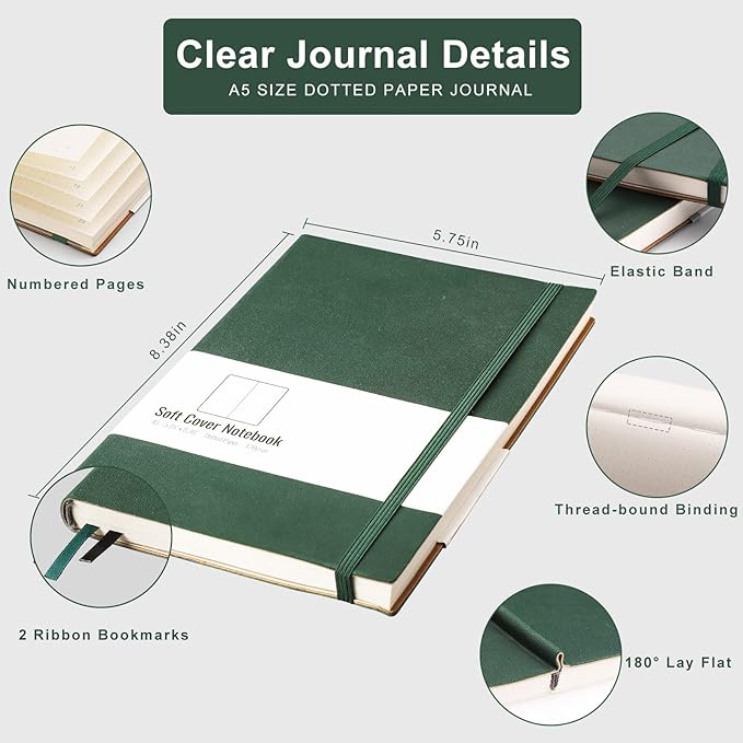 AHGXG Dotted Grid Journal 2 Pack - A5 Dot Grid Notebook Softcover, Medium 5.75'' × 8.38'', 320 Numbered Pages, 120gsm Thick Dotted Paper, Soft Leather Cover (Black Green)