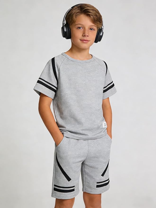 Cakaner Tween Boys Clothes Summer Simple Print T-Shirt And Shorts Set 2 Pieces Teen Trendy Outfits Size 7-14 Year