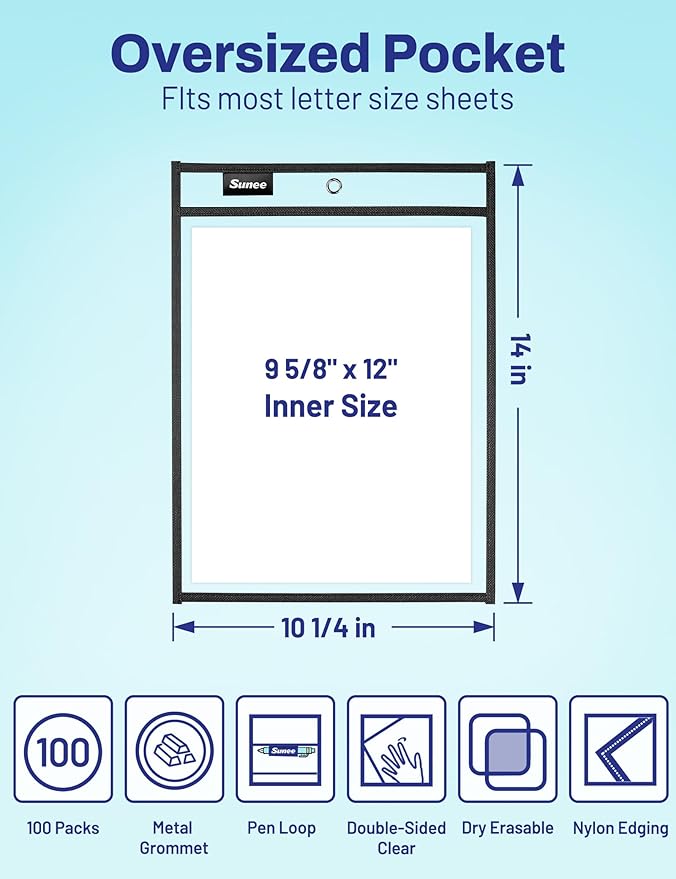 SUNEE 100 Packs Oversized Reusable Dry Erase Pocket Sleeves with 5 Rings, Black 10x14 Ticket Holders, Clear Plastic Sheet Protectors, Teacher School Classroom Supplies