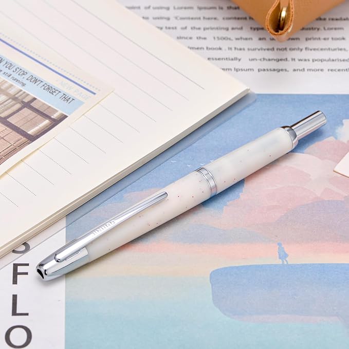 Jinhao 20 Press Fountain Pen, Snow White Retractable Fine Nib with Ink Converter Set (Silver Clip)