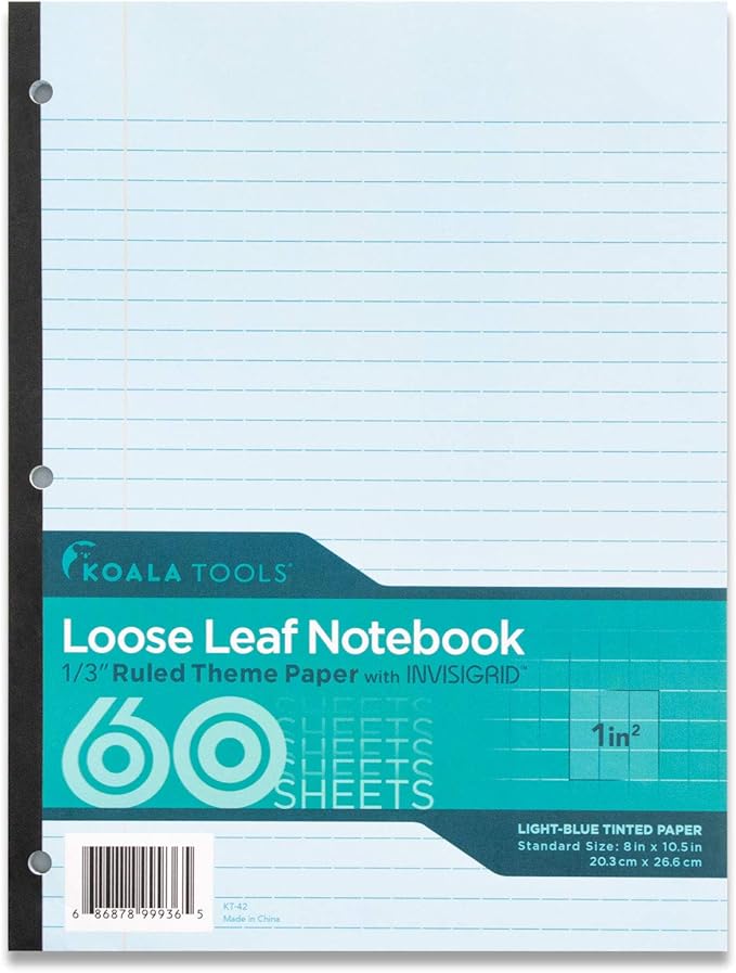 Koala Tools | Loose Leaf Notebook 1/3" (Wide) Ruled Theme Paper with Invisigrid - Light-Blue Tinted Paper - 60 Sheets - 10.5" x 8" - 3 Hole Punched, Tape Bound Notebook