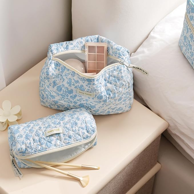 HBselect Quilted Makeup Bag, 3Pcs Cotton Large Travel Makeup Bags Organizer | Cute Floral Make up Bag Cosmetic Bag Toiletry Bag for Women Girls, Makeup Pouch for Skincare, Brushes & Travel Essentials