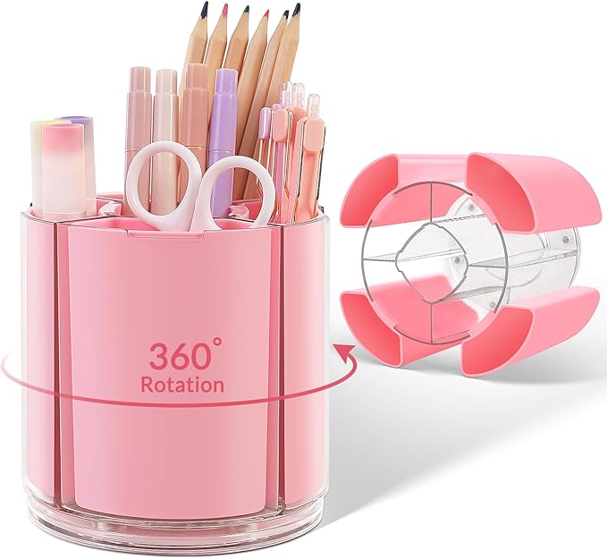 KONVINIT Pink Pen Holder for Desk, 5 Slots 360° Rotating Pen Organizer, Cute Desk Organizers and Accessories for School, Home, Office and Art Supply