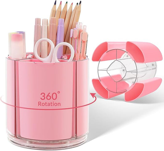 KONVINIT Pink Pen Holder for Desk, 5 Slots 360° Rotating Pen Organizer, Cute Desk Organizers and Accessories for School, Home, Office and Art Supply