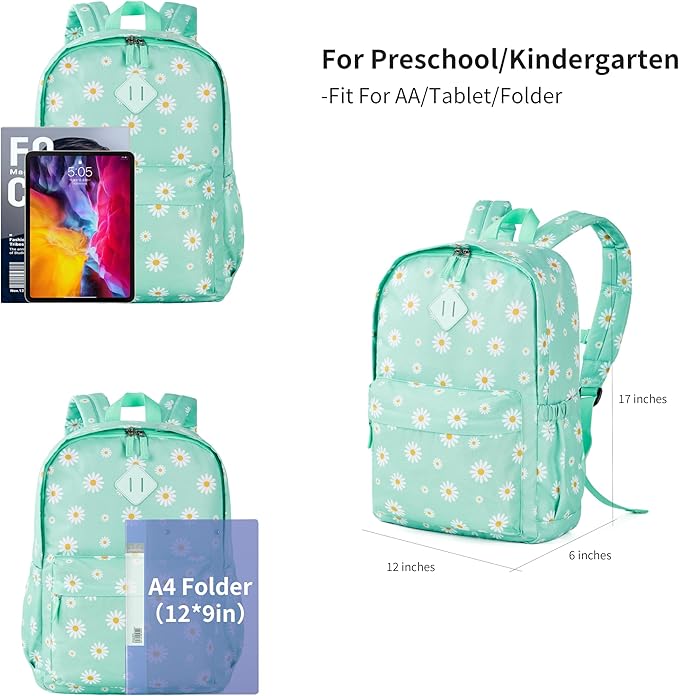 KK CRAFTS Preschool Backpack Kindergarten Little Kids Toddler Elementary School Backpacks for Boys and Girls with Chest Strap(17Inch, Daisy-Green)