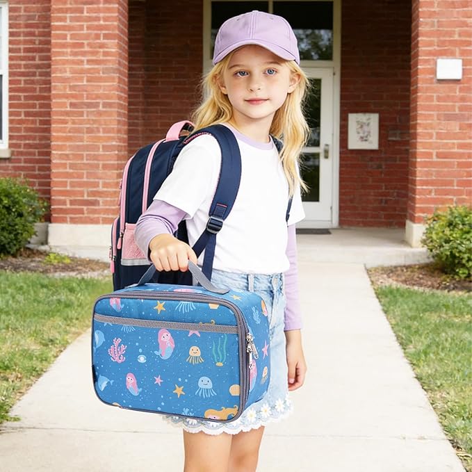 FlowFly Kids Lunch box Insulated Soft Bag Mini Cooler Back to School Thermal Meal Tote Kit for Girls, Boys, Mermaid