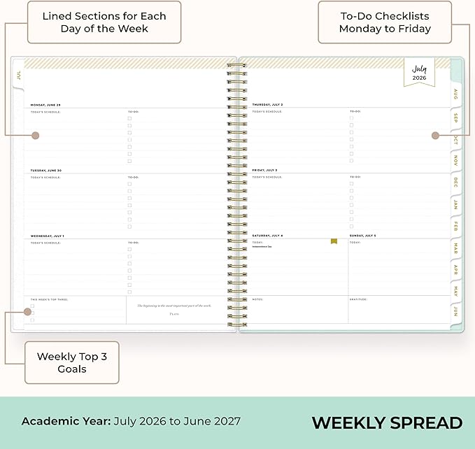 Blue Sky Day Designer 2026-2027 Weekly and Monthly Academic Year Planner Calendar, July 2026 - June 2027, 8.5" x 11", Flexible Cover, Laminated Tabs, Storage Pocket, Includes Stickers, Secret Garden Mint