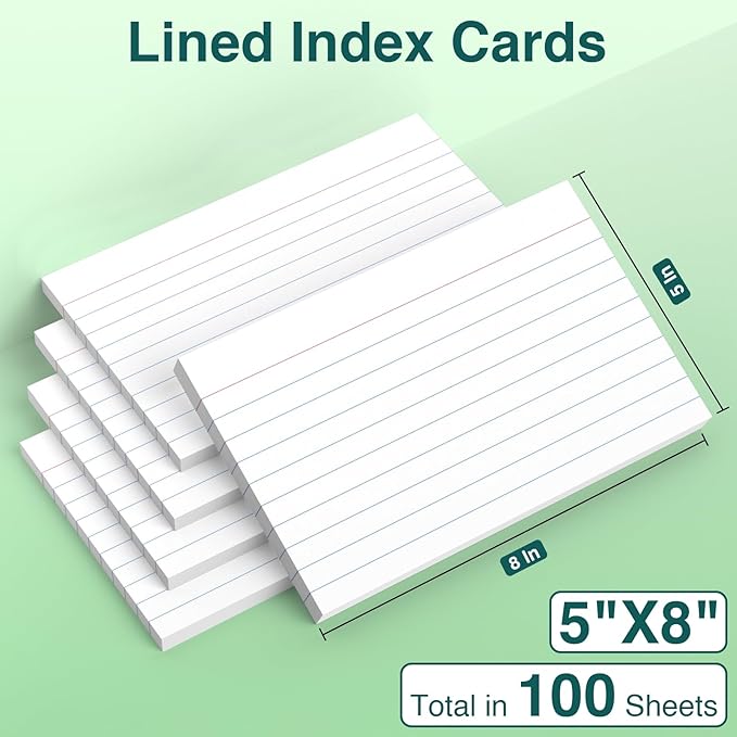 Index Cards 5x8, 100 Sheets, Ruled White Flash Cards for Effective Studying and Note-Taking, Premium Note Cards, Essential School Supplies for College & Office, Home Organization & Study Supplies