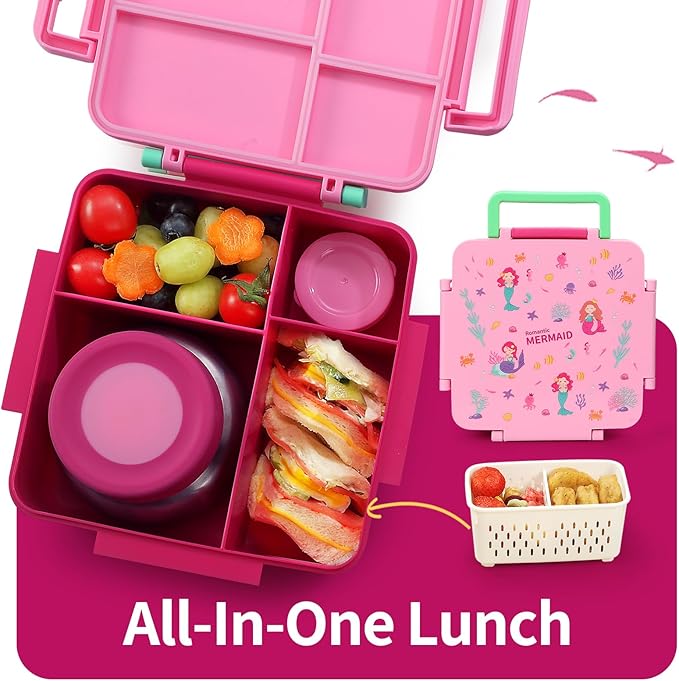 Bento Box for Kids with Thermos, [Large Capacity] Insulated Kids Lunch Box with 4 Compartment for Ages 3+, Drop-Proof & Dishwasher Safe Lunchbox Container Pink