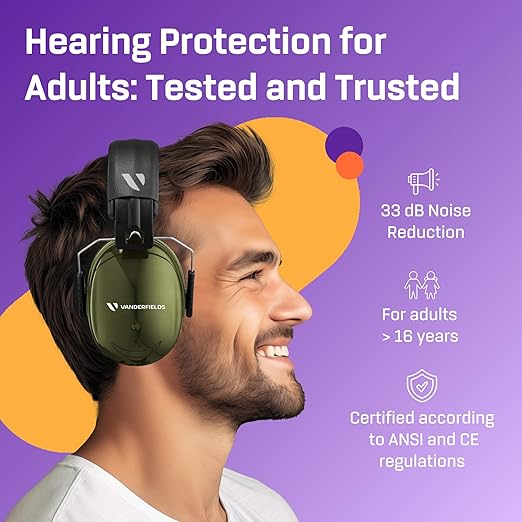 Vanderfields - Hearing Protection Ear Muffs - Over 35 dB (2K Hz) Broad Noise Cancelling Sound Reduction - Adults & Teens