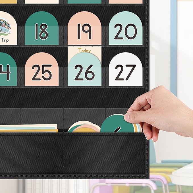 Eamay Boho Calendar Pocket Chart with 90 Cards for Kids Learning,Classroom and Home School Décor,Black