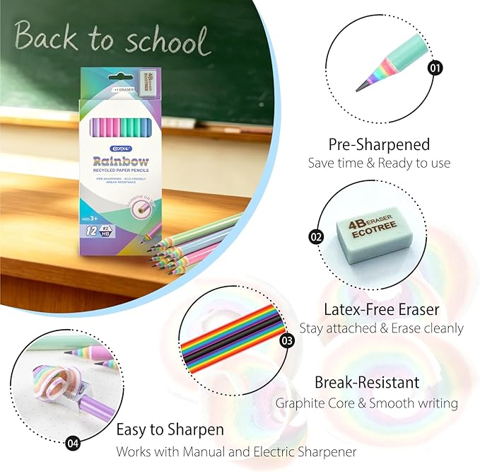 ECOTREE Pre-Sharpened Pencils #2 Eco Rainbow Paper Pencil for Kids Cute Number 2 Pencils with Erasers for School, Writing,12 Count