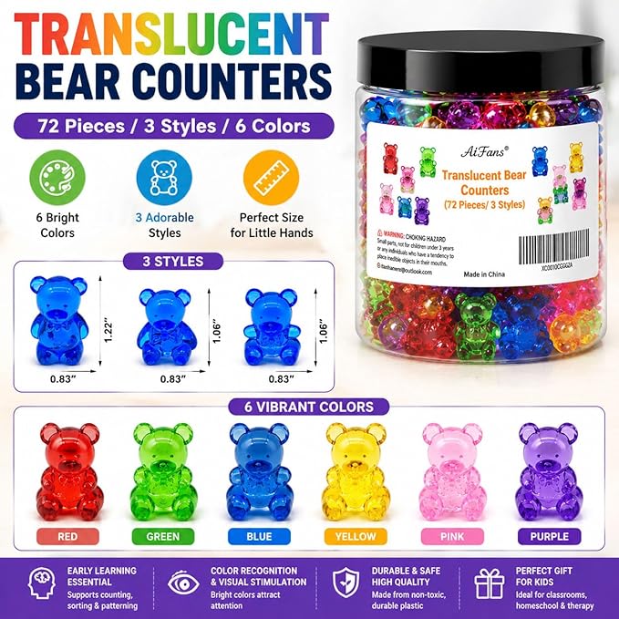Counting Bears for Kids, 72 PCS Math Counters with Storage Box, Montessori Color Sorting & Counting Toys for Toddlers, Preschool Educational Math Manipulatives for STEM Learning (3 Styles)