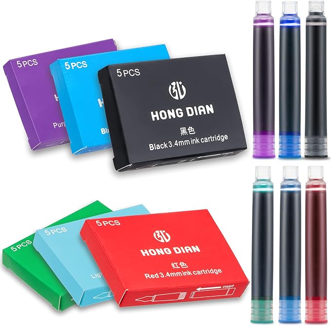 Asvine 30 PCS Hongdian Fountain Pen Ink Cartridges 6 Colors Set (Black, Blue, Green, Red, Purple, Light Blue), 3.4mm Bore Diameter