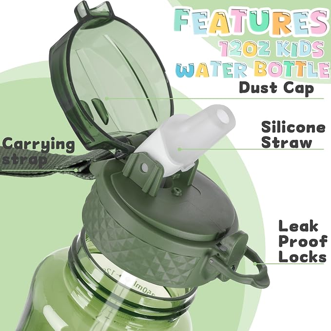 OLDLEY 12oz Kids Water Bottle, Tritan BPA-Free, Leakproof Flip Straw Lid, Motivational Time Marker, Carry Strap, Reusable Clear Water Bottle for Boys & Girls,Jade