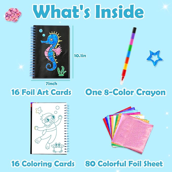 FUNNYB&G Foil Art Craft Kit for Kids 4-10 Years Old: Mess-Free & No-Glue, Create 16 Sparkly Ocean Pictures – Perfect Travel Toy & Birthday Gift for Kids (Ocean)