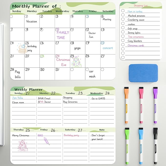 Marsrock Dry Erase Magnetic Calendar for Refrigerator (3 Pack) - Monthly & Weekly & Daily Planner Magnet Whiteboard for Fridge - Shopping, To Do List, Meal/Menu, Schedule Planning Board,14"x11", Green