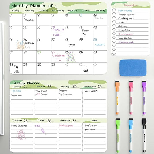 Marsrock Dry Erase Magnetic Calendar for Refrigerator (3 Pack) - Monthly & Weekly & Daily Planner Magnet Whiteboard for Fridge - Shopping, To Do List, Meal/Menu, Schedule Planning Board,14"x11", Green