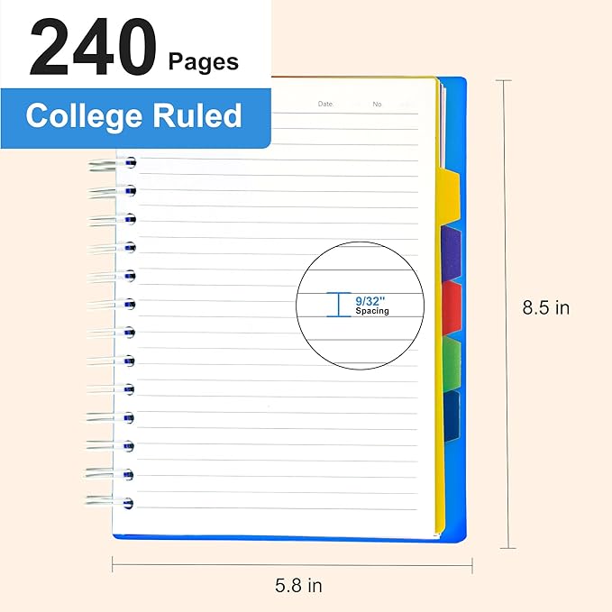 Yoment 5 Subject Notebook College Ruled Spiral Notebook 5x7 with Removable Dividers 270 Pages Notebooks for Work Multi Subject Notebook with 5 Tabs Organizer Notebooks for Note Taking School, A5 Blue