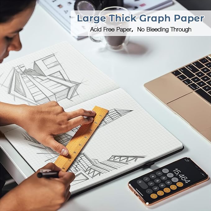 3 Pack Graph Paper Notebook, Hardcover Notebook 8.5 x 11, Grid Notebook Journal for Women, Men, Large Leather Journals for Writing, Thick Paper, A4 Notebooks for Work, School Supplies, Engineering